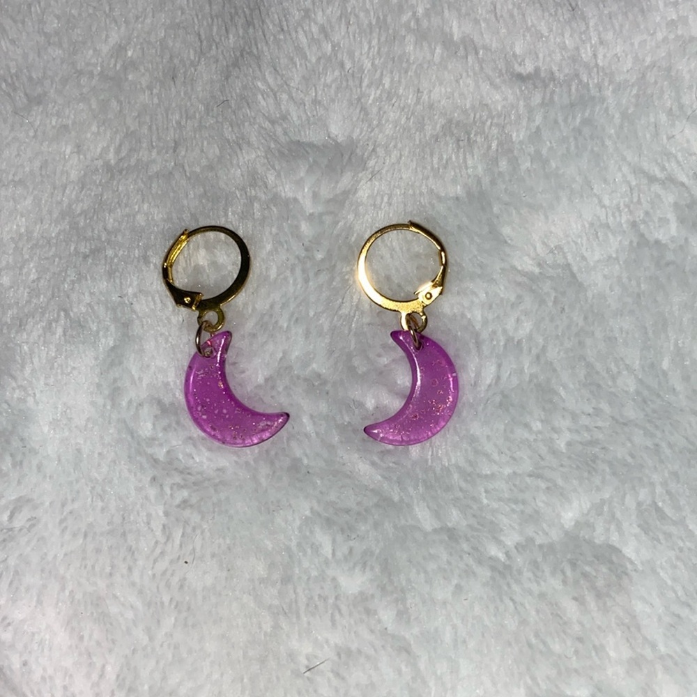 Pink and gold glitter moon earrings